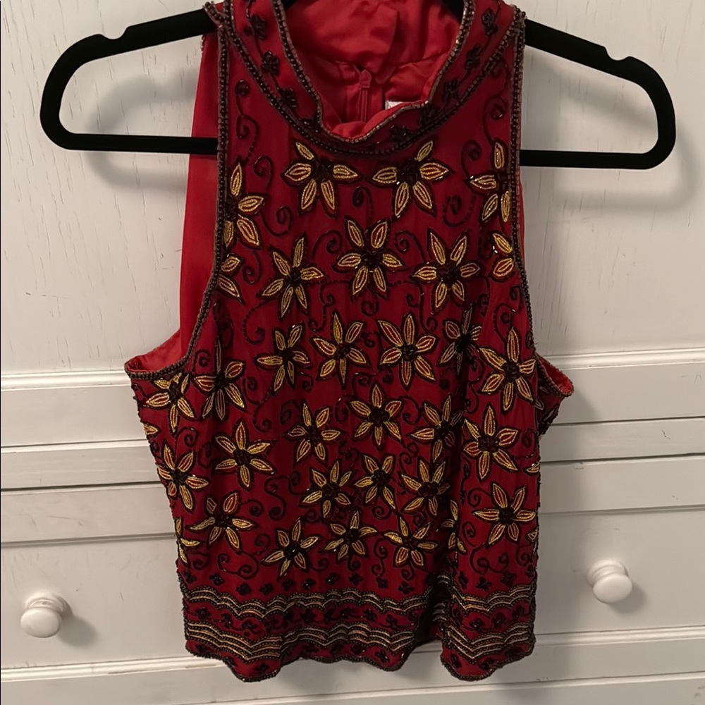 Embroidered Red Sleeveless Top